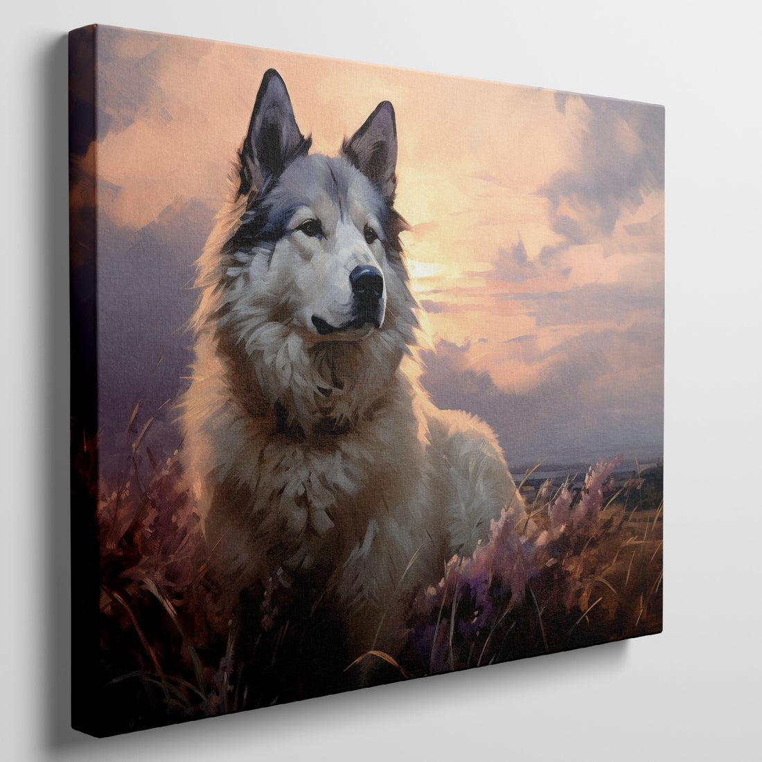 Framed canvas print of a serene dog portrait at sunset with warm amber and lavender tones