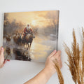 Framed canvas print of Santa Claus with reindeer in a winter sunset landscape