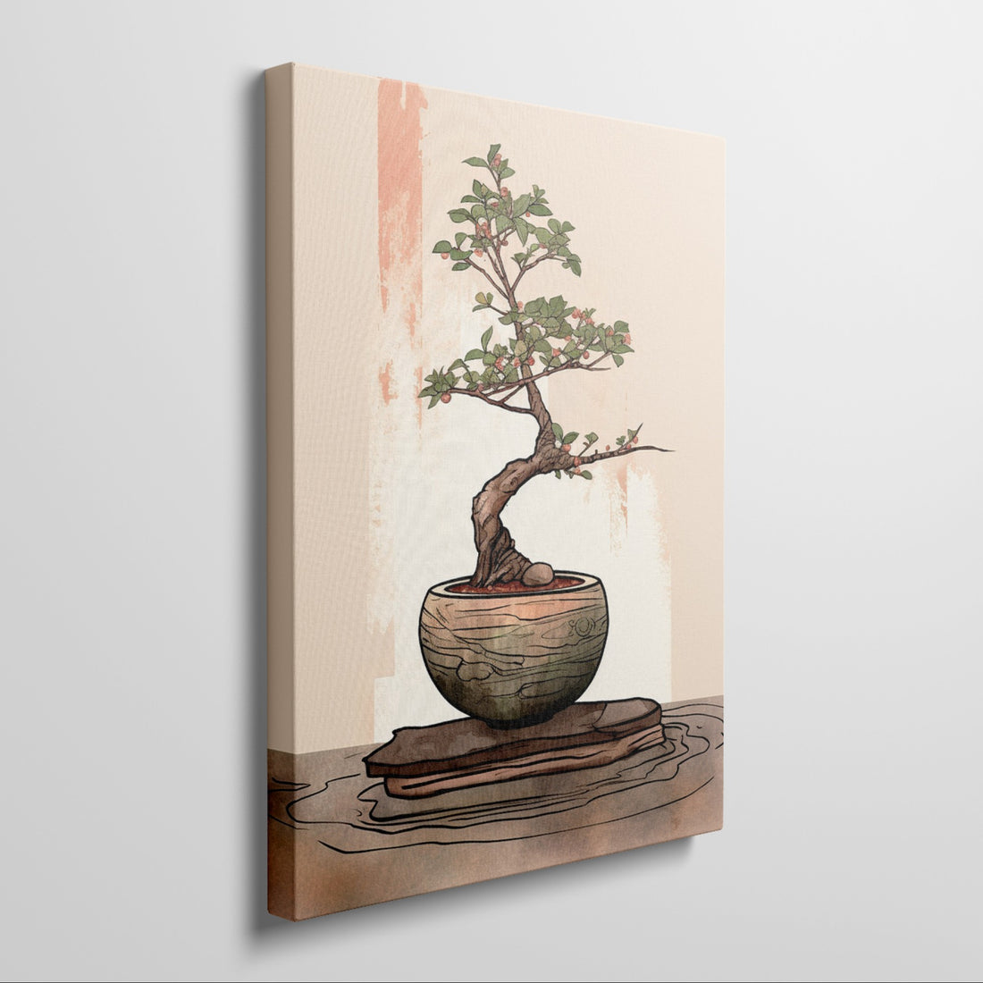 Illustrated bonsai tree with green foliage in a brown bowl on a beige background