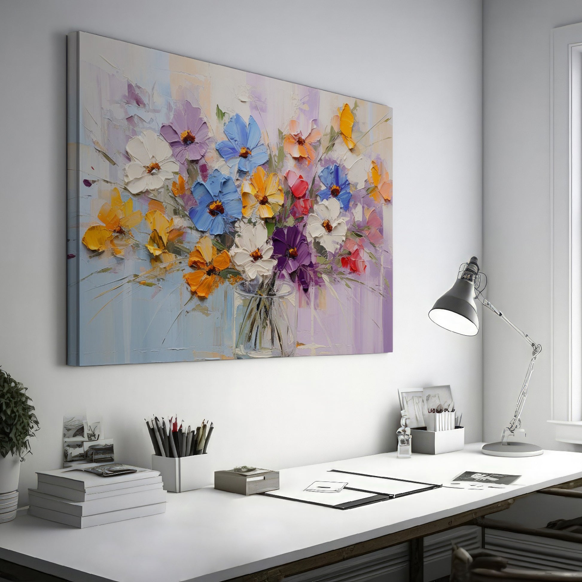 Framed canvas print of vibrant impasto painted flowers in a vase with rich textures and a colourful palette