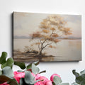 Framed canvas print of a tranquil lake landscape with an autumn tree at dusk