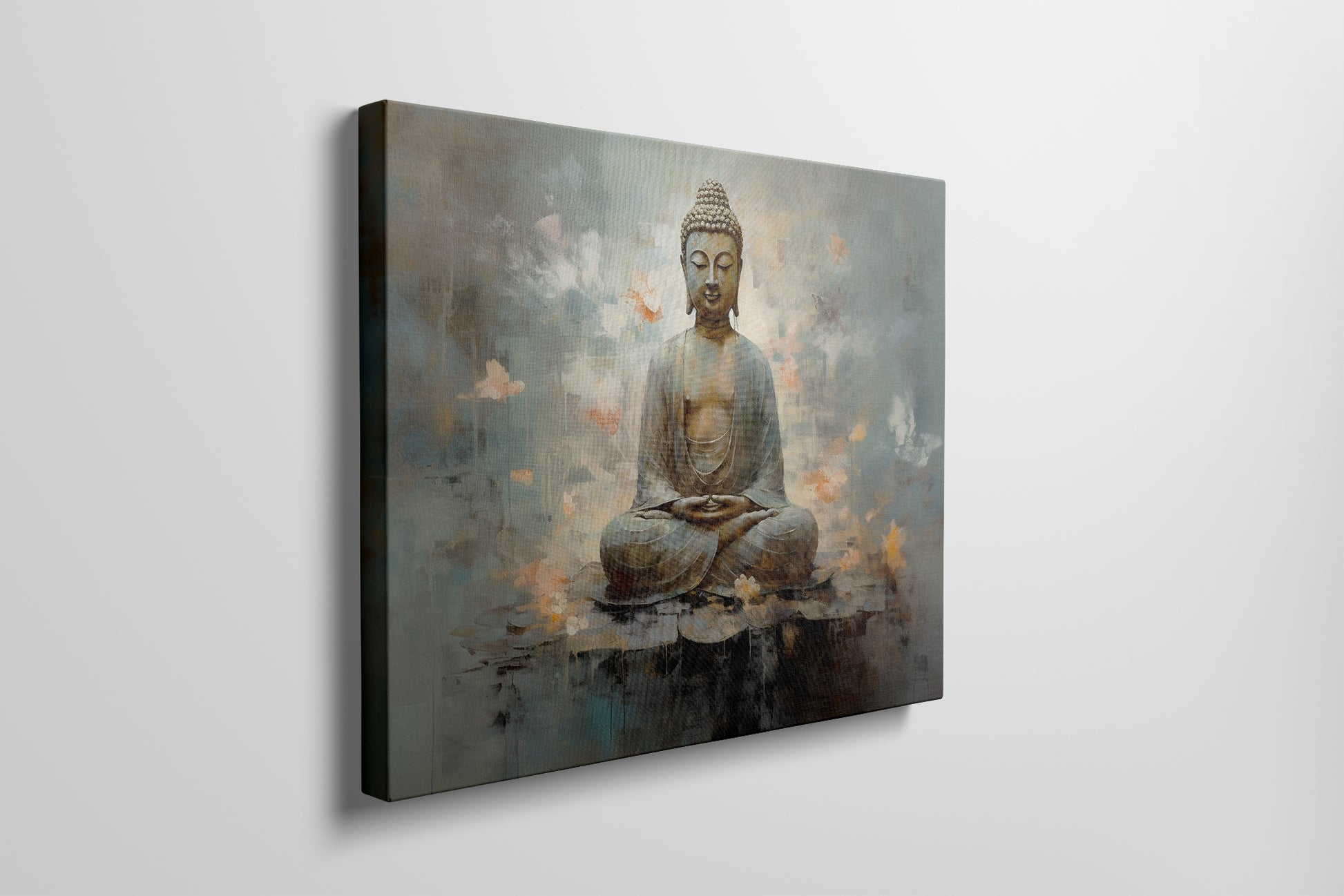 Framed canvas print of serene Buddha in meditation with abstract blue and orange background