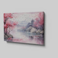 Framed canvas print of Oriental watercolour landscape with pink cherry blossoms, serene lake, and pagoda