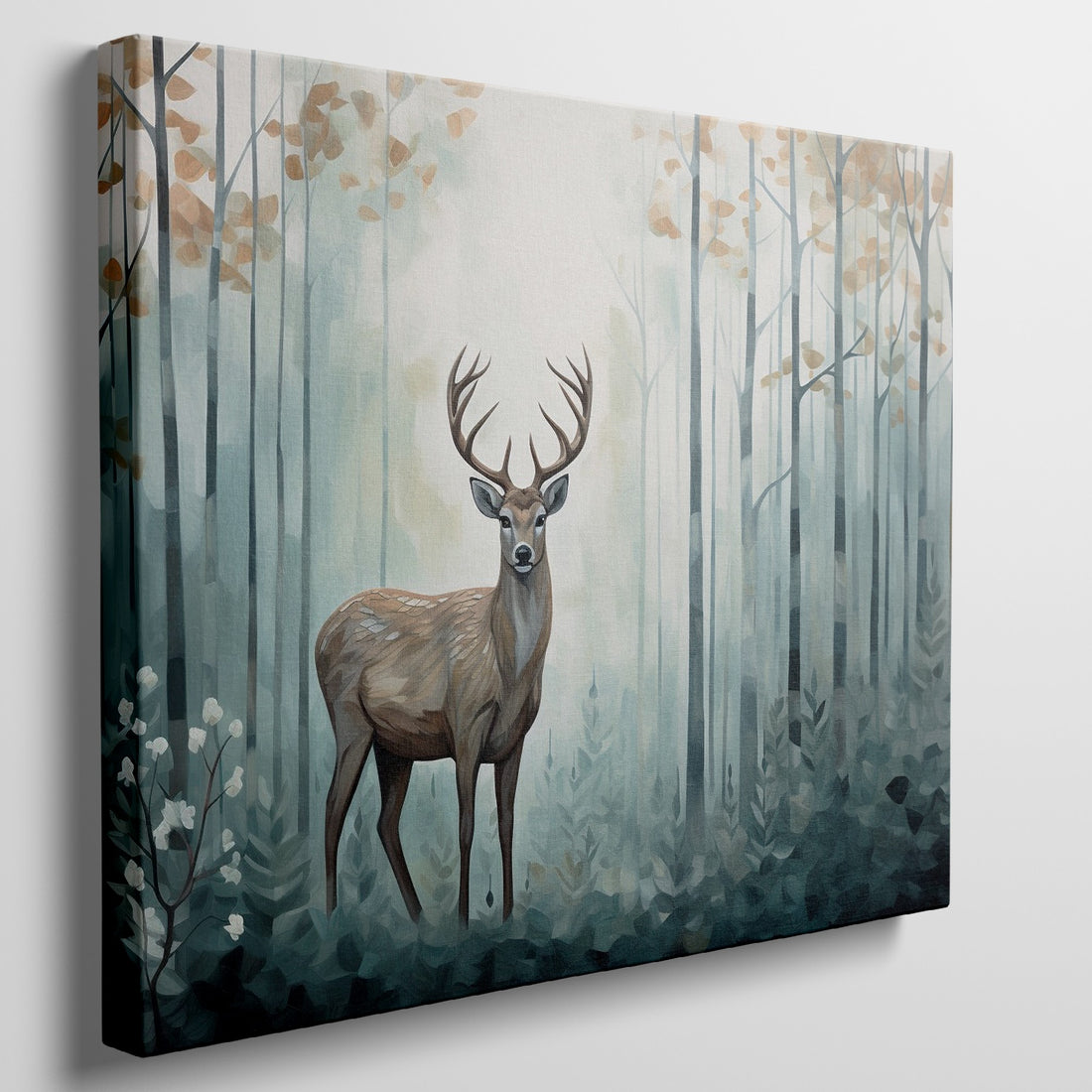 Digital painting of a stag in a misty forest with autumn leaves and a soft glow.