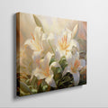 Framed canvas print of serene white lilies with a warm colour palette and lush greenery