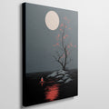 Framed canvas print of a minimalist tree at night with a glowing moon and red leaf accents