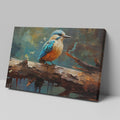 Framed canvas print of a vibrant kingfisher with abstract brushwork and warm colour palette