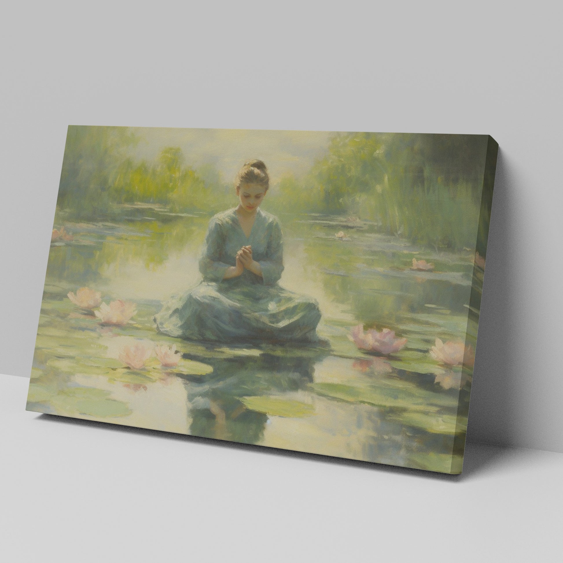 Framed canvas print of a meditative woman in a tranquil lotus pond with soft light and pastel colours