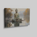 Framed canvas print of a serene Buddha in meditation with a reflective water landscape and autumnal trees