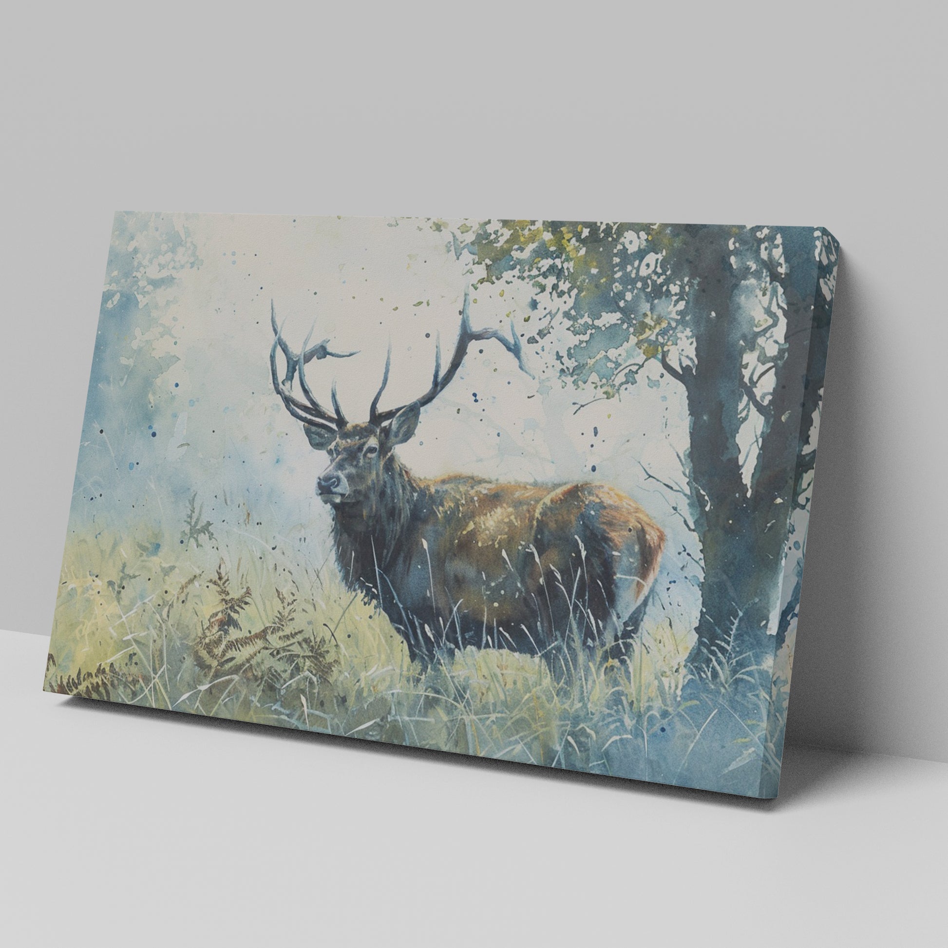 Framed canvas print of a watercolour stag in a serene woodland setting