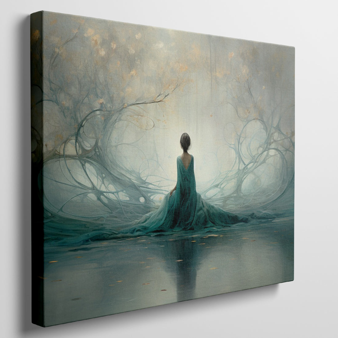 Framed canvas print of an ethereal woman amid a teal and gold enchanted forest