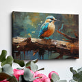 Framed canvas print of a vibrant kingfisher with abstract brushwork and warm colour palette