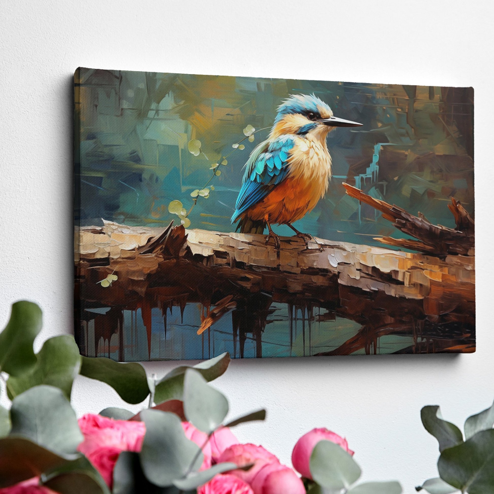 Framed canvas print of a vibrant kingfisher with abstract brushwork and warm colour palette