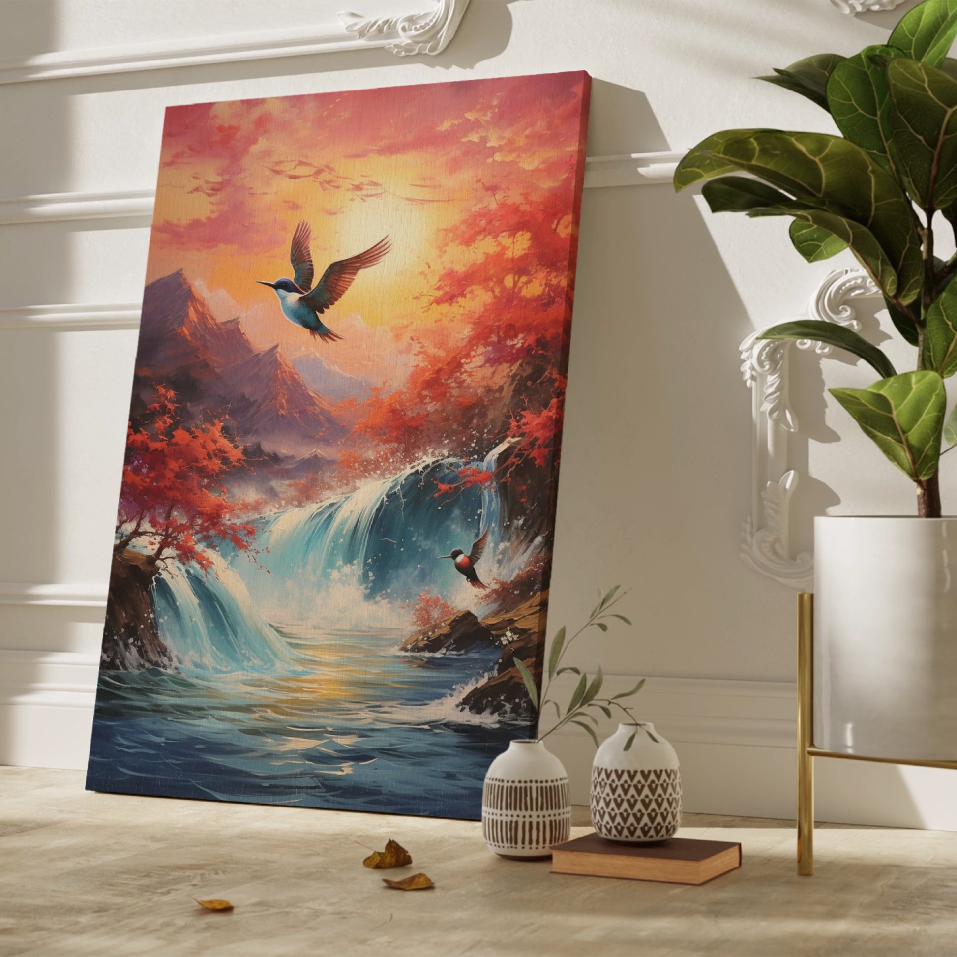 Framed canvas print of a waterfall and autumn trees with birds in flight against a sunset