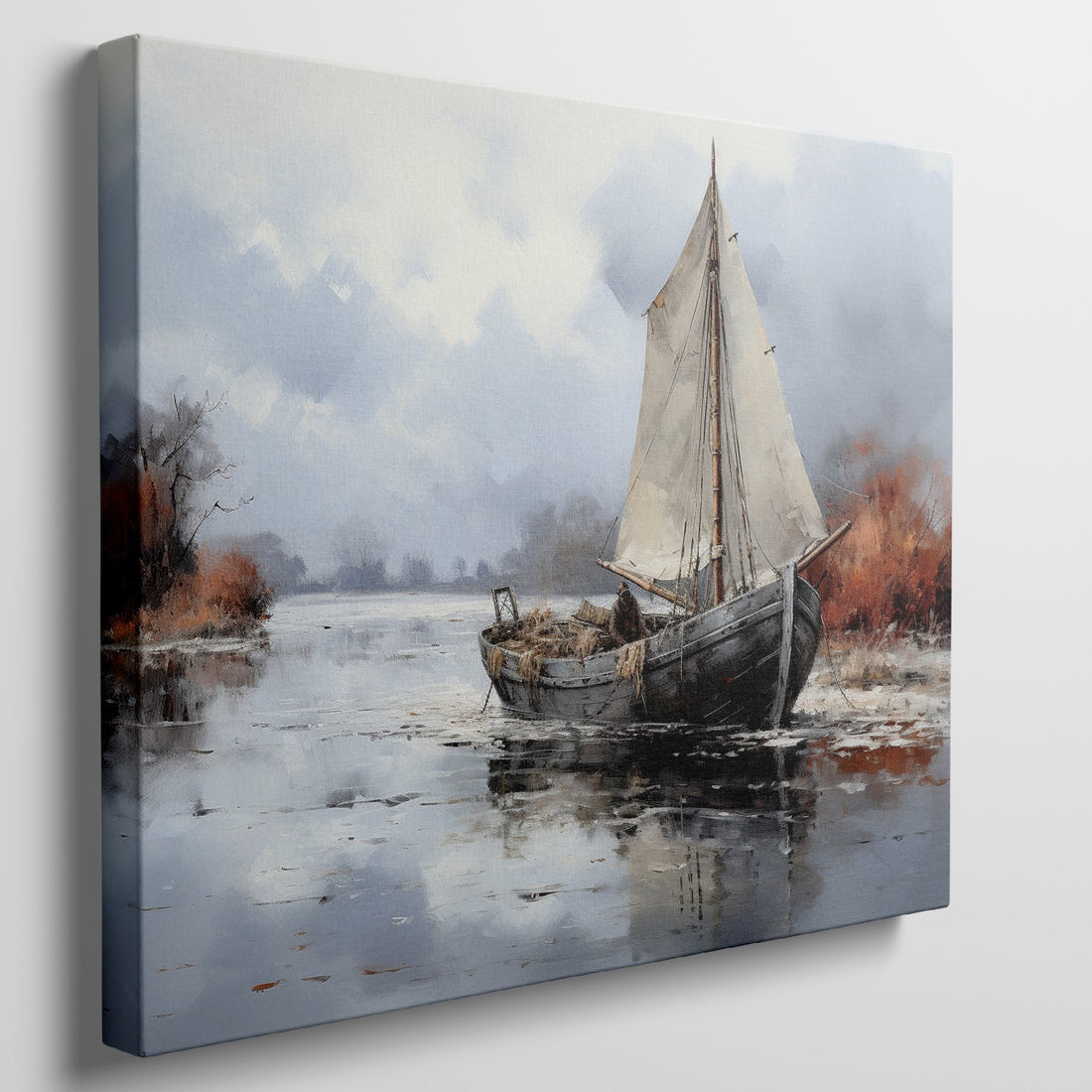 Framed canvas print of a tranquil autumn sailboat scene with mirrored waters