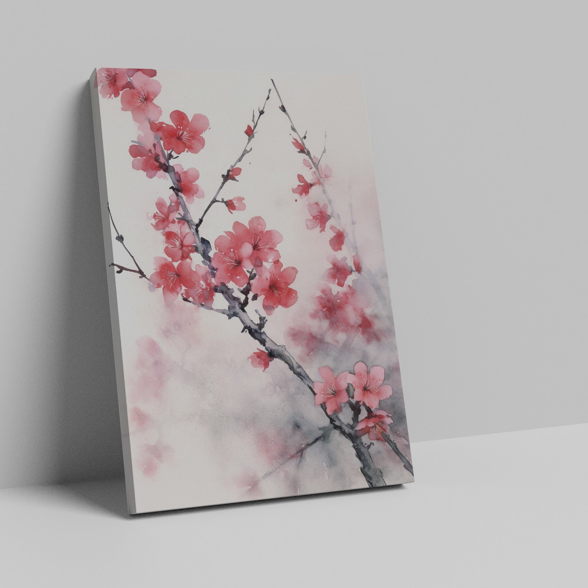 Framed canvas print of watercolour cherry blossoms with delicate pink petals and oriental art influence