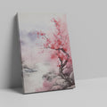 Framed canvas print of a misty cherry blossom landscape with pink florals and soft mountain backdrop