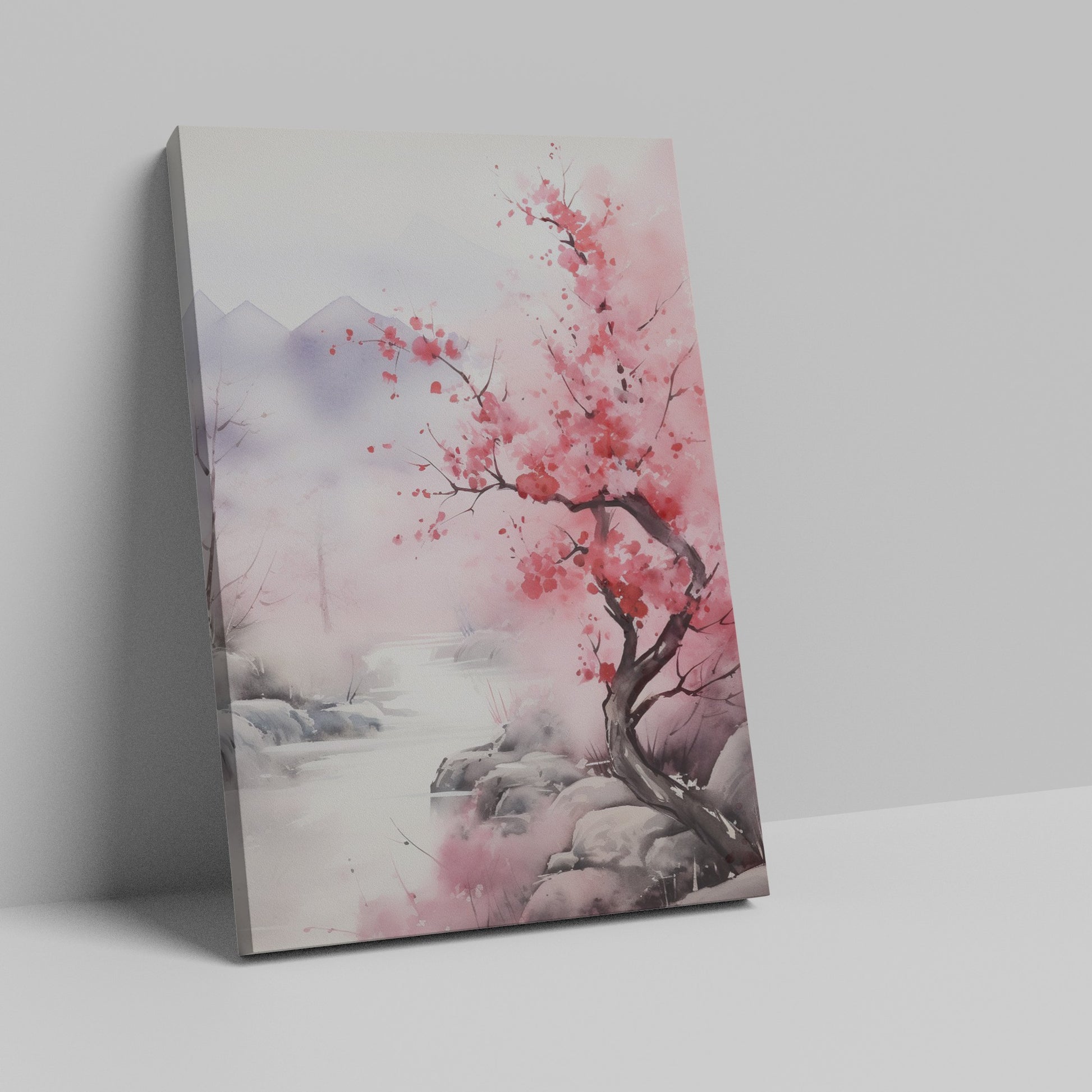 Framed canvas print of a misty cherry blossom landscape with pink florals and soft mountain backdrop