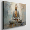 Framed canvas print of a serene Buddha in meditation with abstract elements and warm colour palette