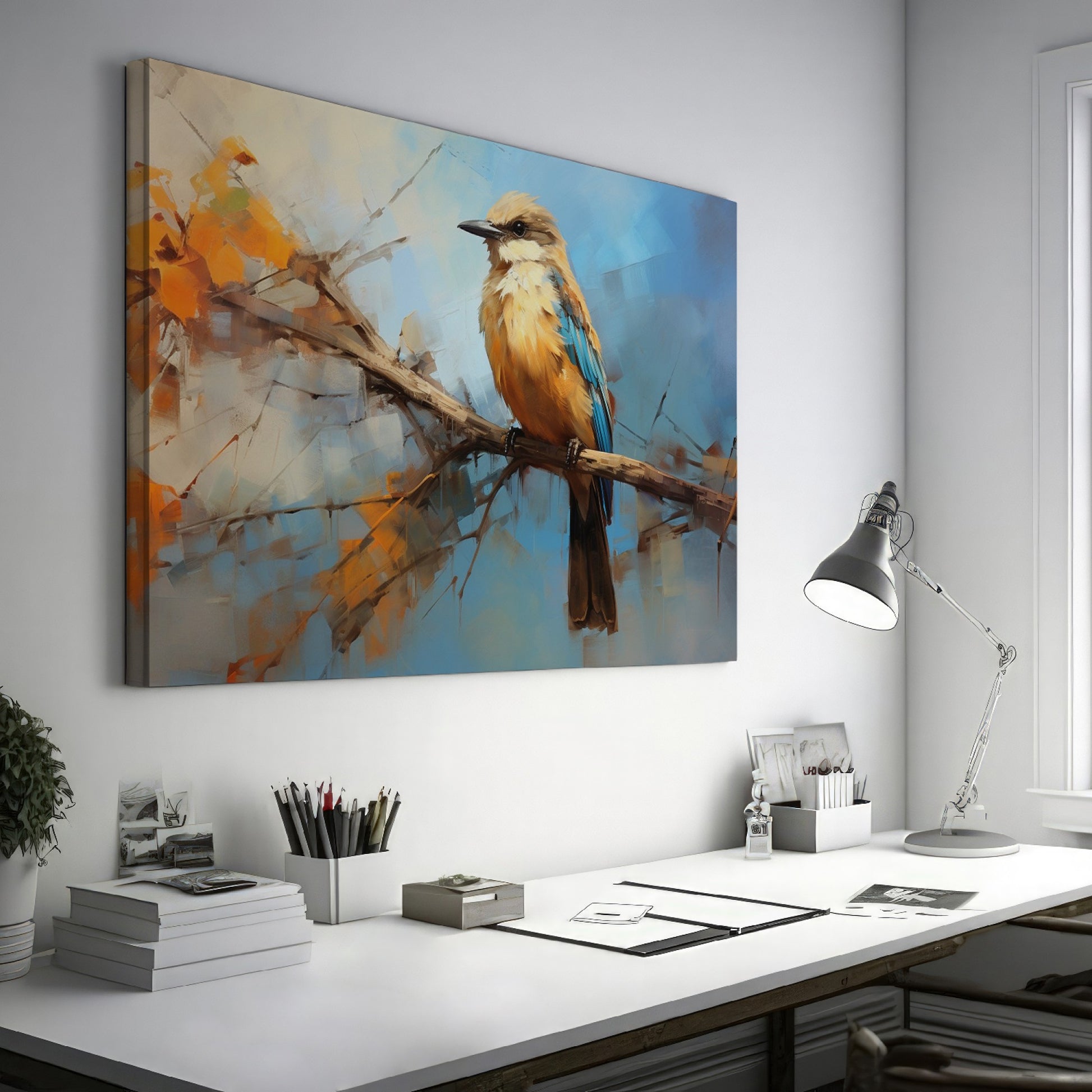 Framed canvas print of a vibrant impressionistic bird perched on a branch with abstract autumn background