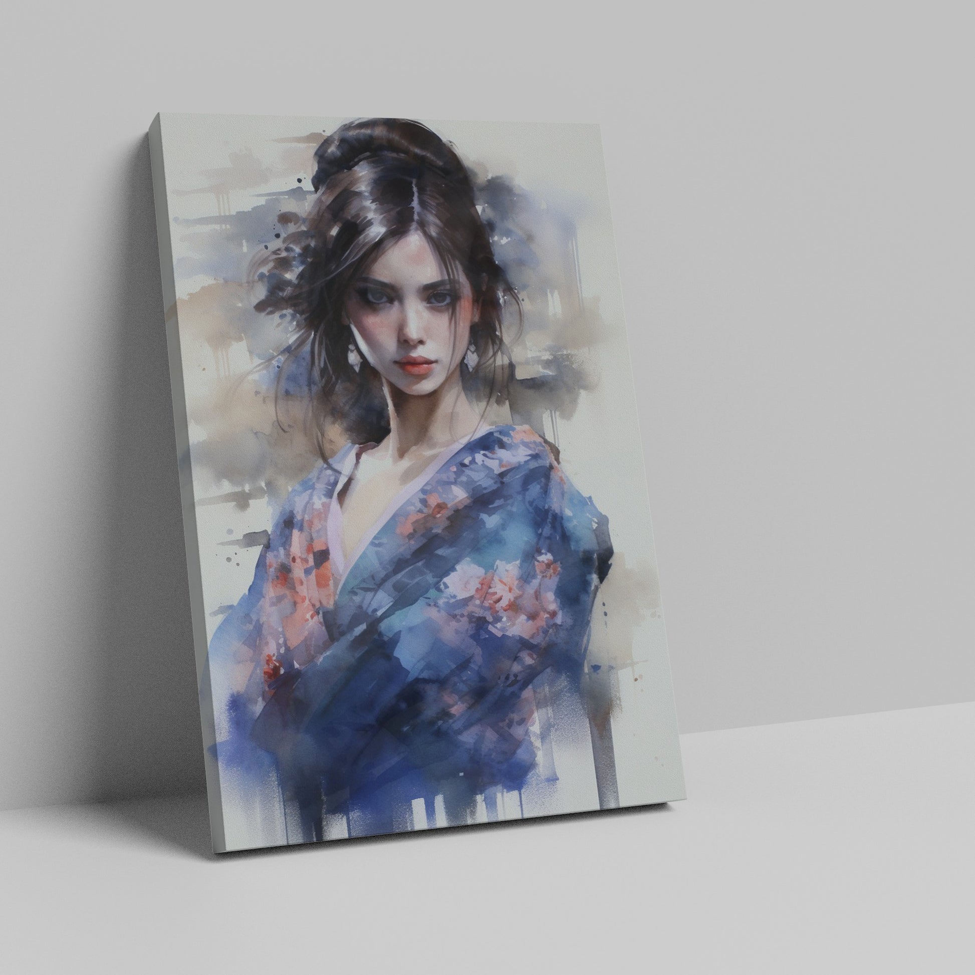 Framed canvas print of a watercolor painting depicting an elegant Geisha in a floral kimono