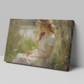 Framed canvas print of an elegant woman in a serene, sunlit meadow