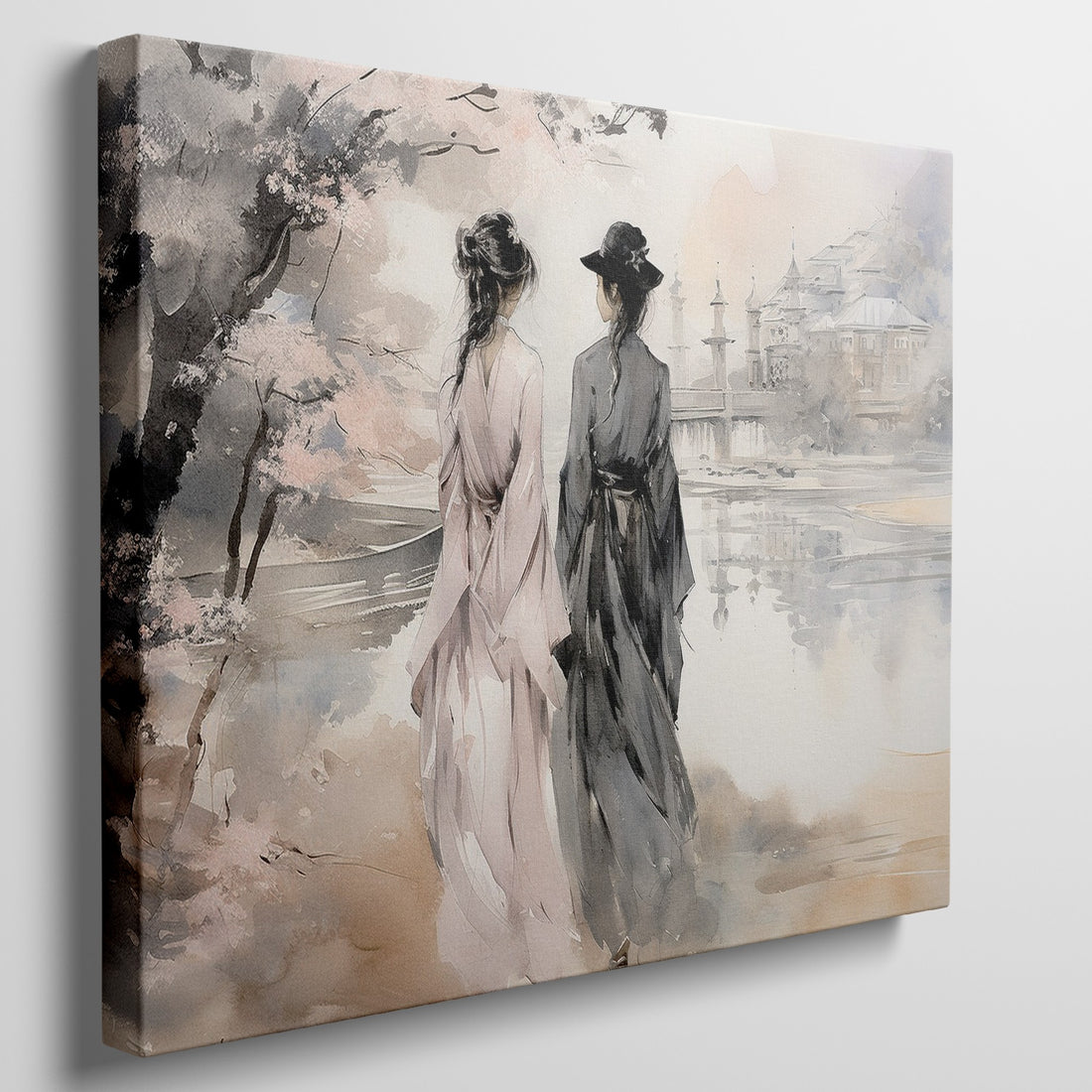 Impressionist watercolor painting of two figures in elegant dresses by a lake with a chateau in the background.