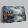 Framed canvas print of historical harbour at sunset with ships and city lights