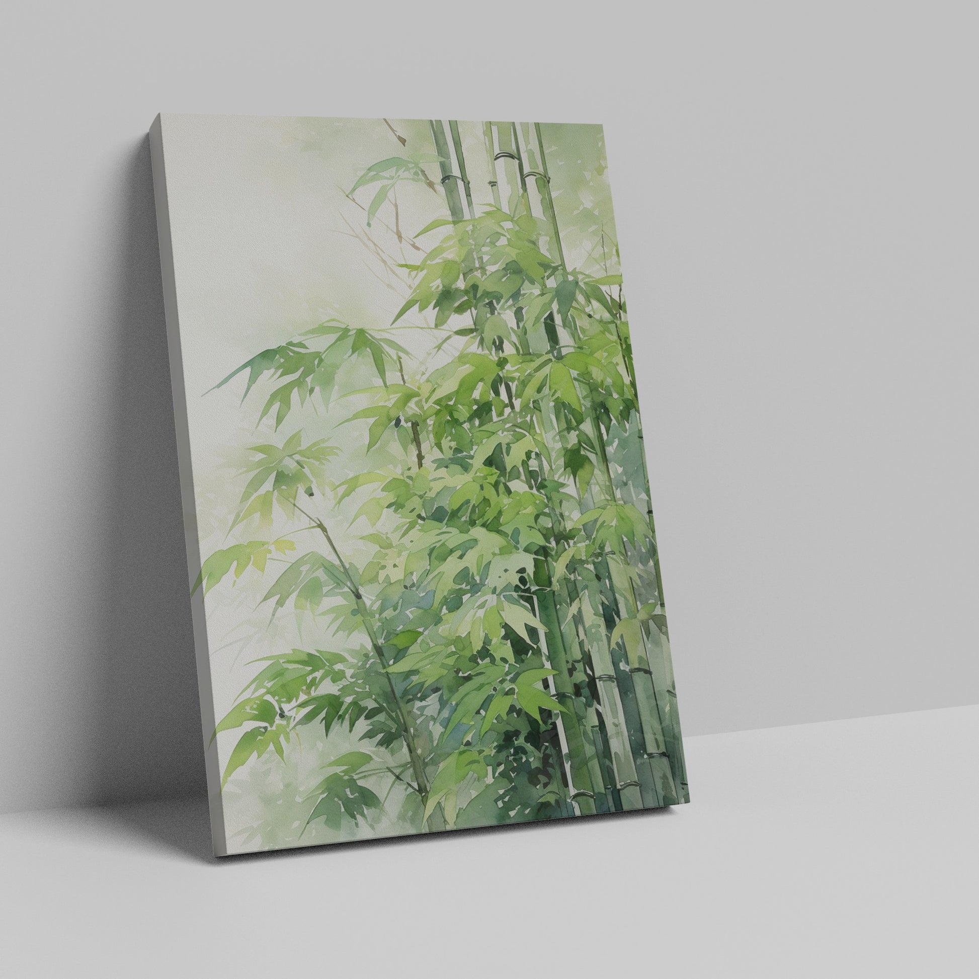 Framed canvas print of a tranquil watercolour depiction of bamboo surrounded by soft green hues