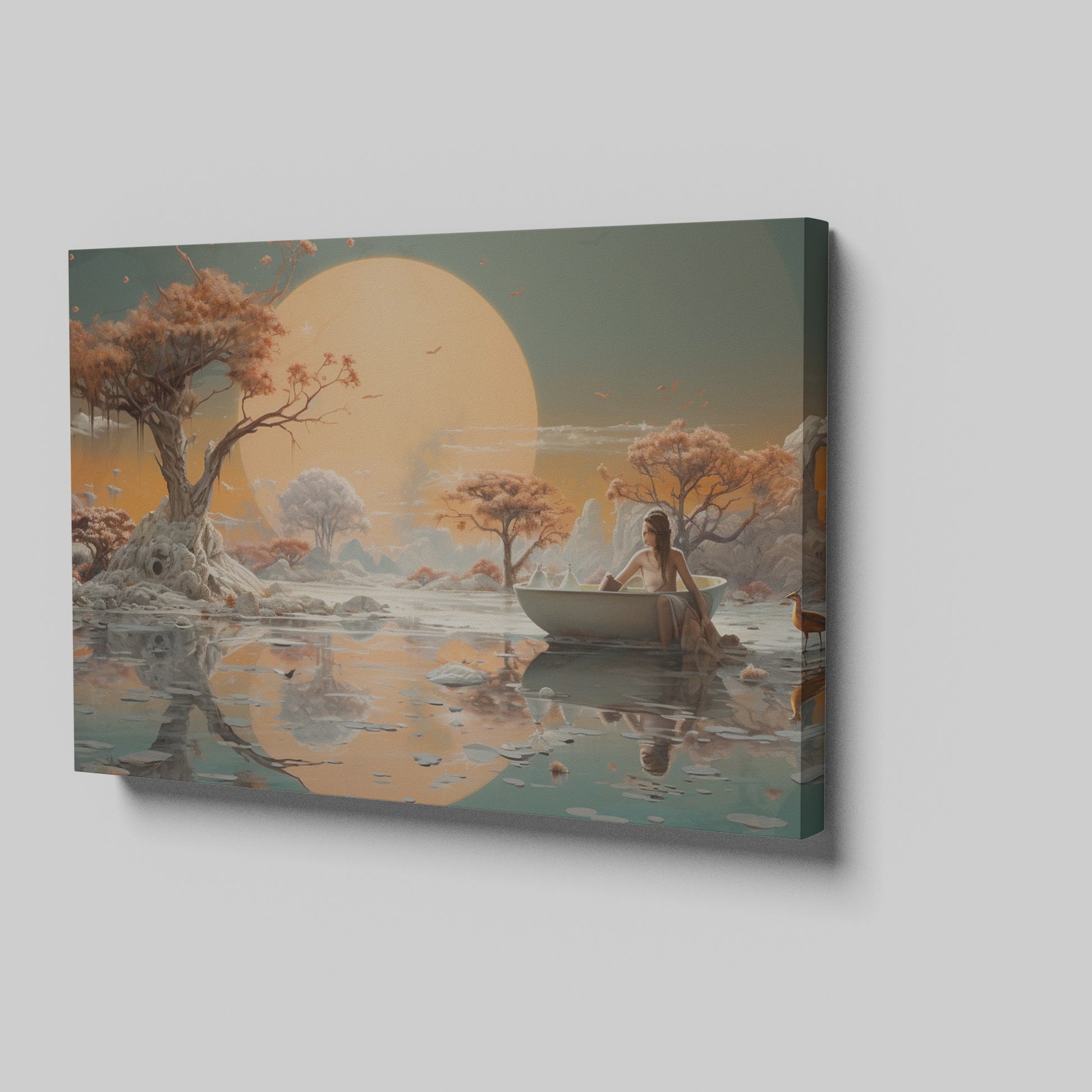 Framed canvas print of a surreal landscape with an ethereal sunset, lady in a boat, and reflective water