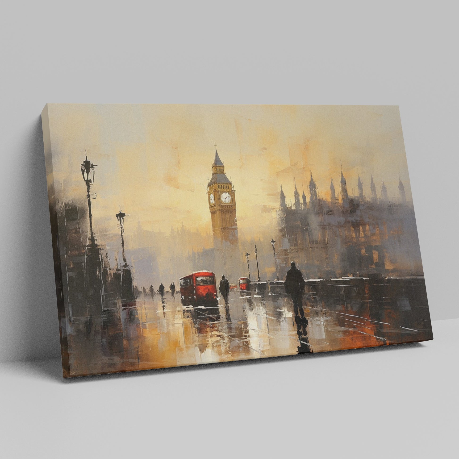 Framed canvas print of London's Big Ben and red buses in an abstract impressionist style with warm golden colours