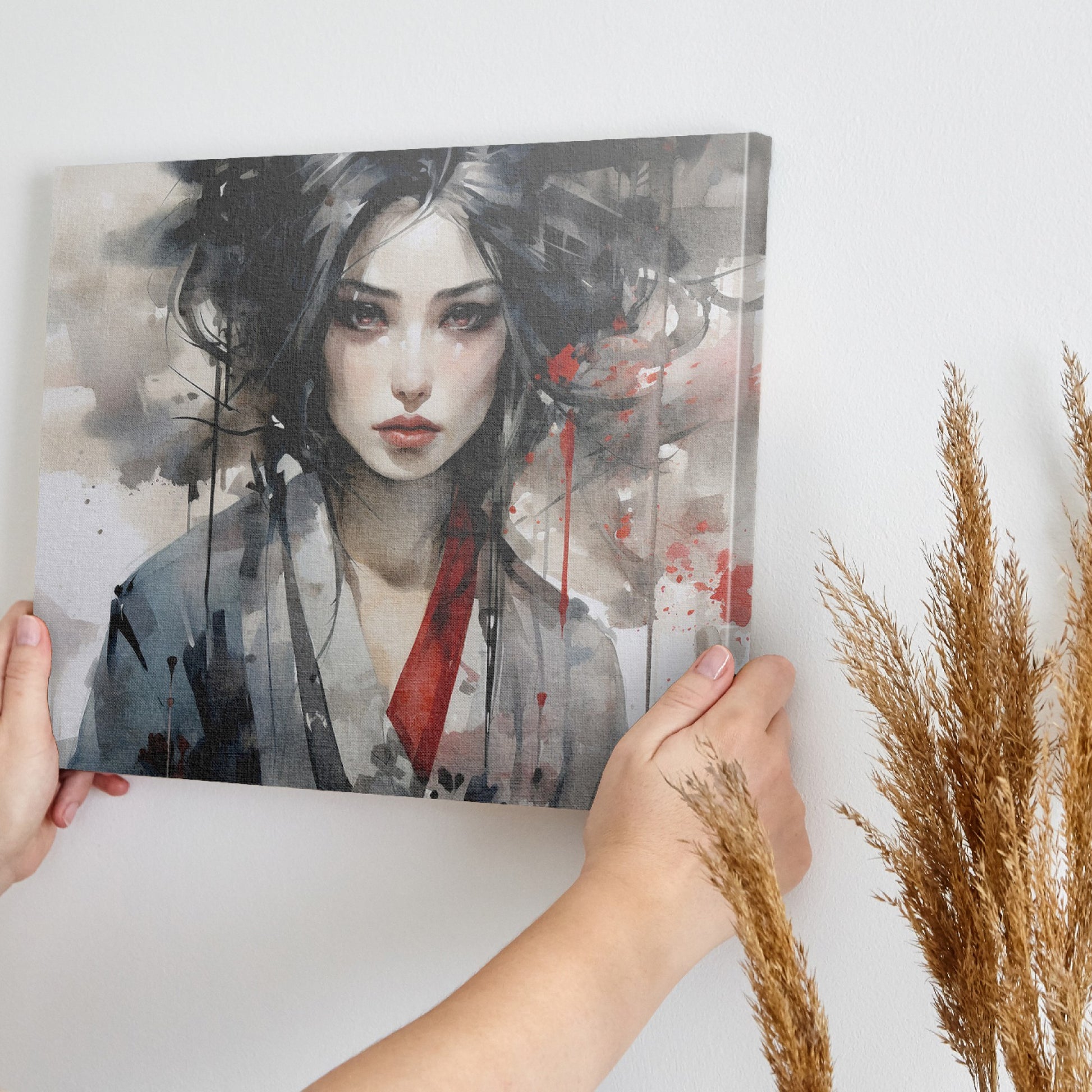 Ink wash painting of a woman with stark black hair and red accents on a grey background