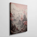 Framed canvas print of Oriental landscape with cherry blossoms and misty mountains