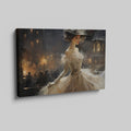 Framed canvas print of an elegant Victorian lady in a dress with Parisian night background