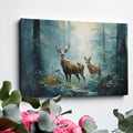 Framed canvas print of two stags in a sunlit, enchanted forest