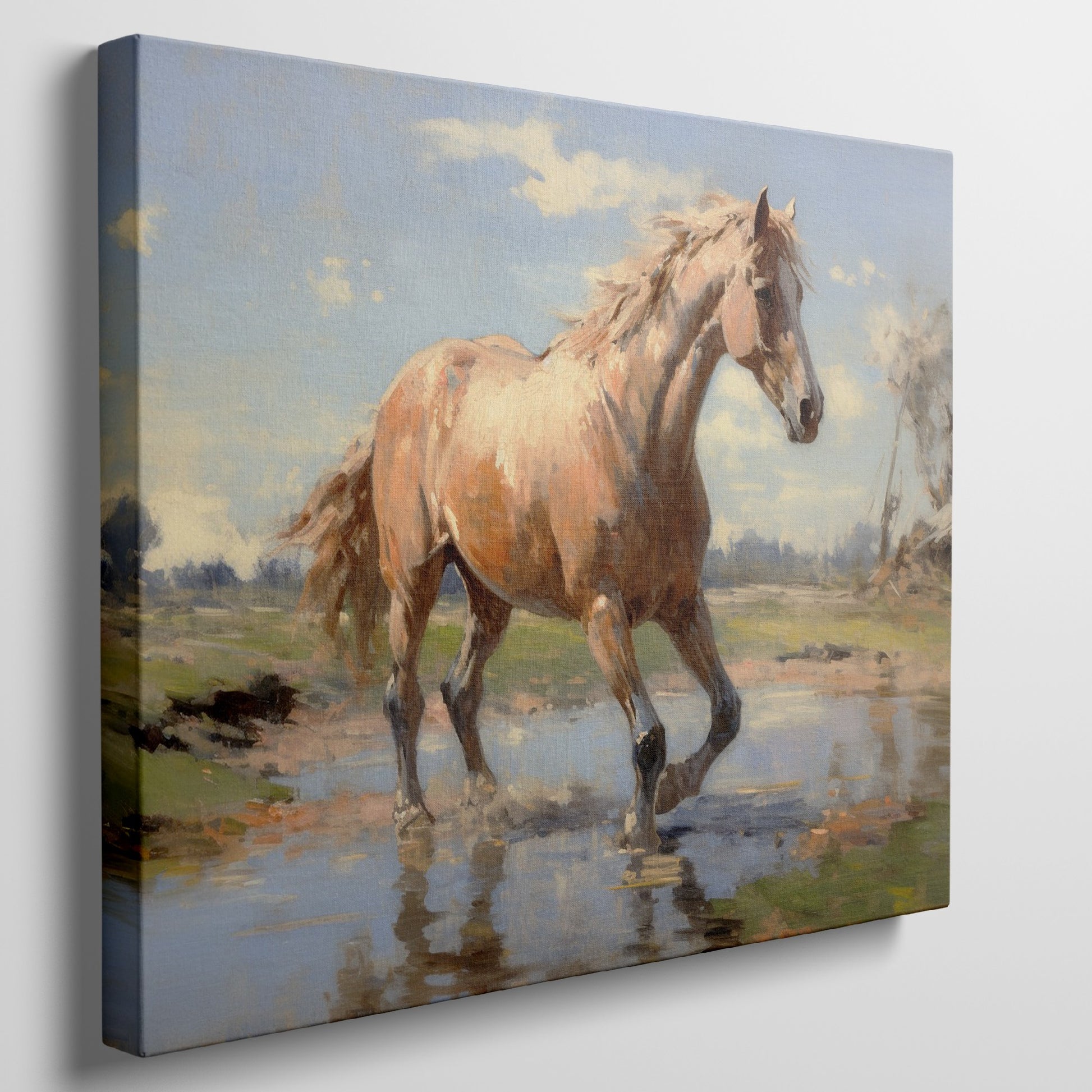 Framed canvas print of a vibrant horse wading in water with sunlit pasture and reflection