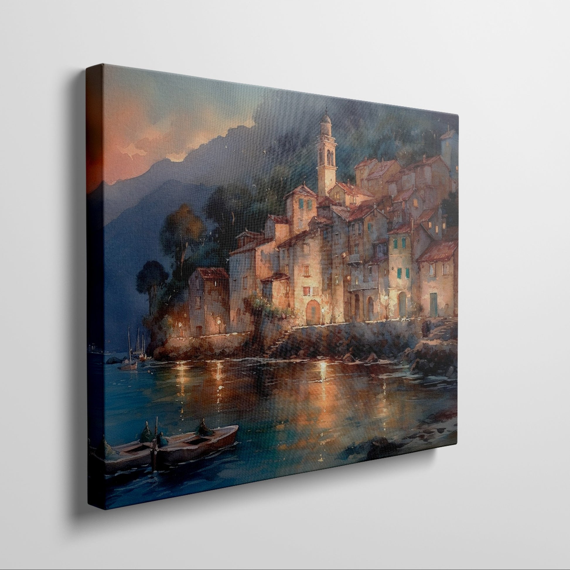 Framed canvas print of a watercolour Mediterranean village at twilight with reflections on the sea