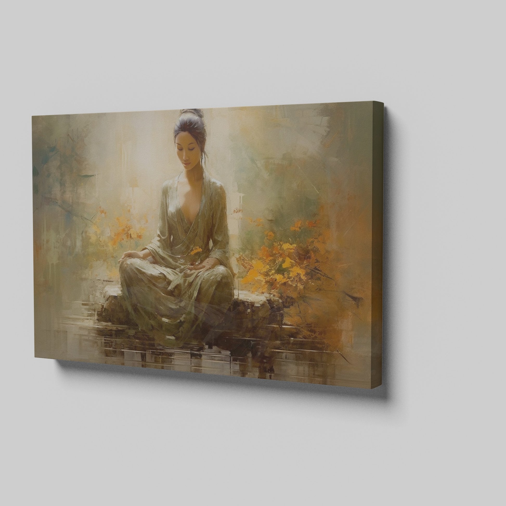 Framed canvas print of a meditative woman in peaceful surroundings with warm, autumnal colors