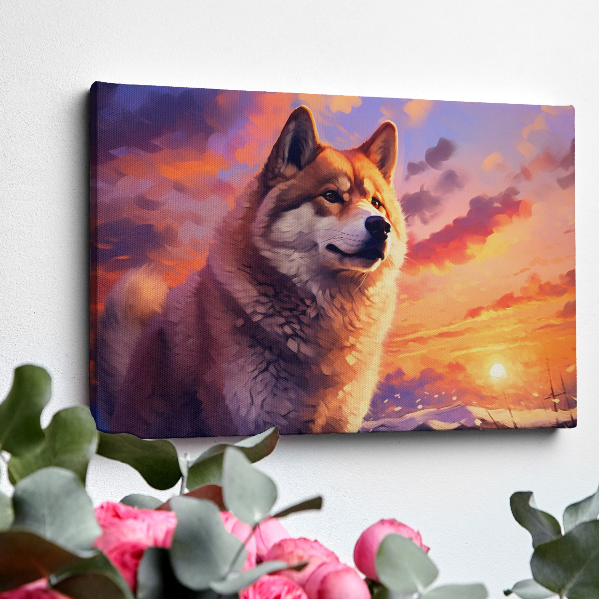 Framed canvas print of a majestic wolf against a vibrant sunset background in fiery tones