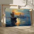 Impressionist Canvas Print of a Sailing Ship at Sunset with Golden and Blue Hues