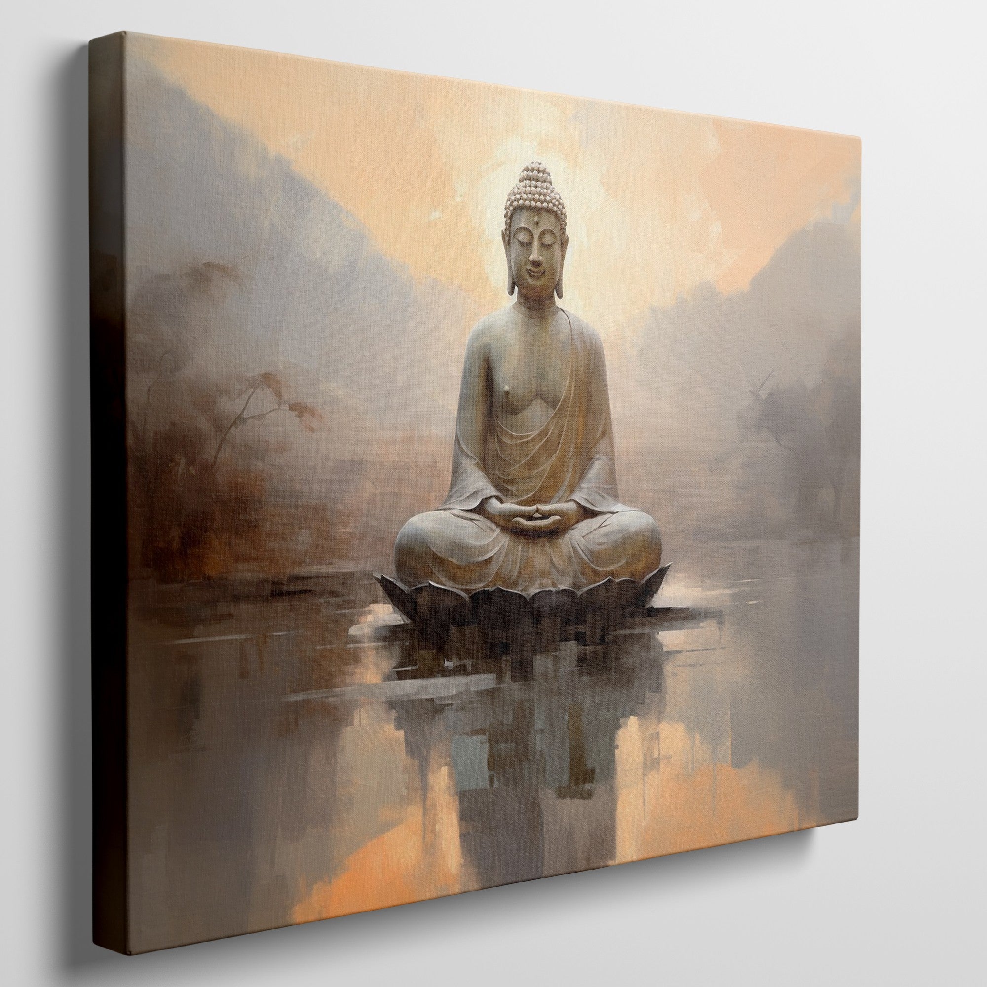 Framed canvas print of a meditative Buddha against a calming sunset and reflective water