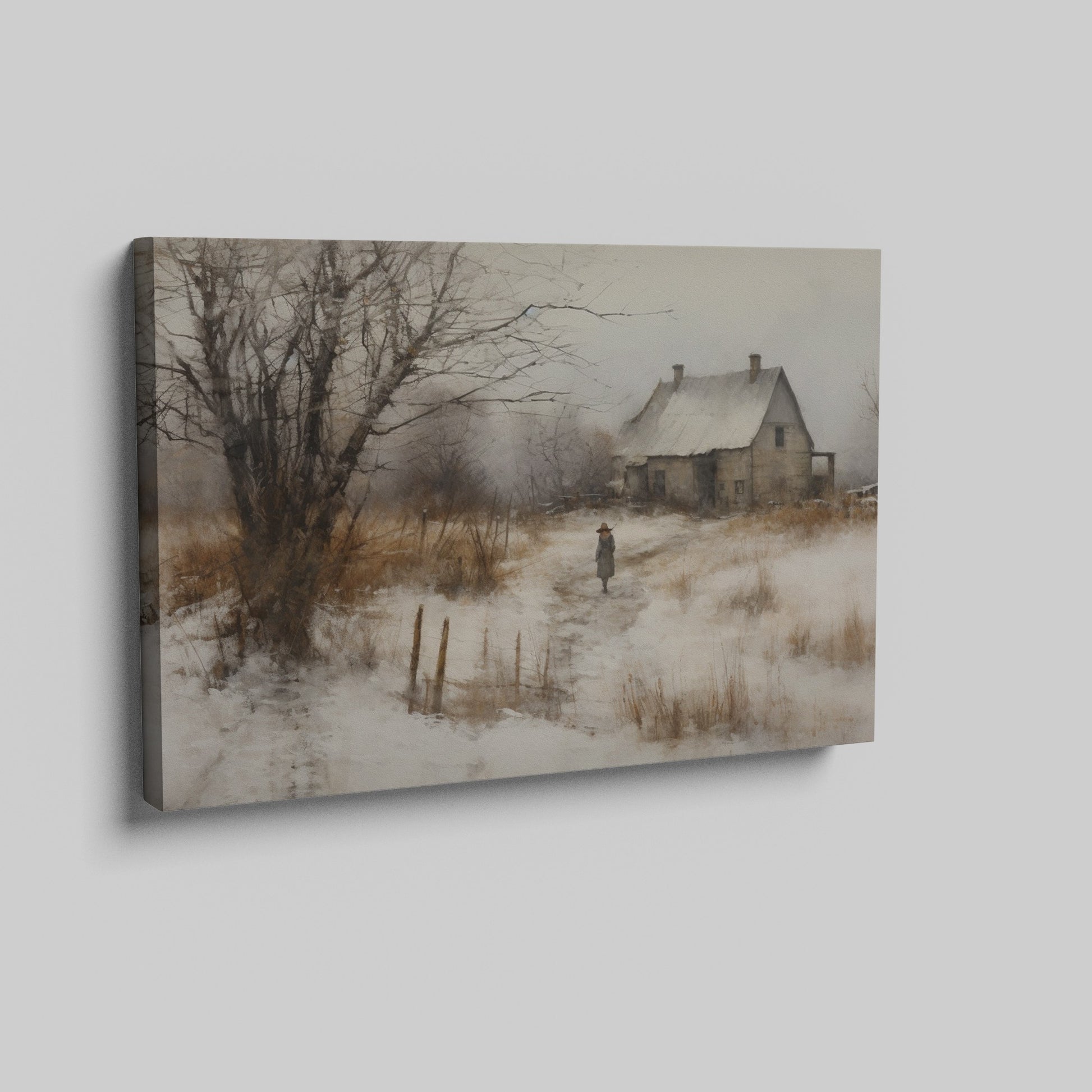 Framed canvas print of a rustic winter scene with a country home and an individual walking by