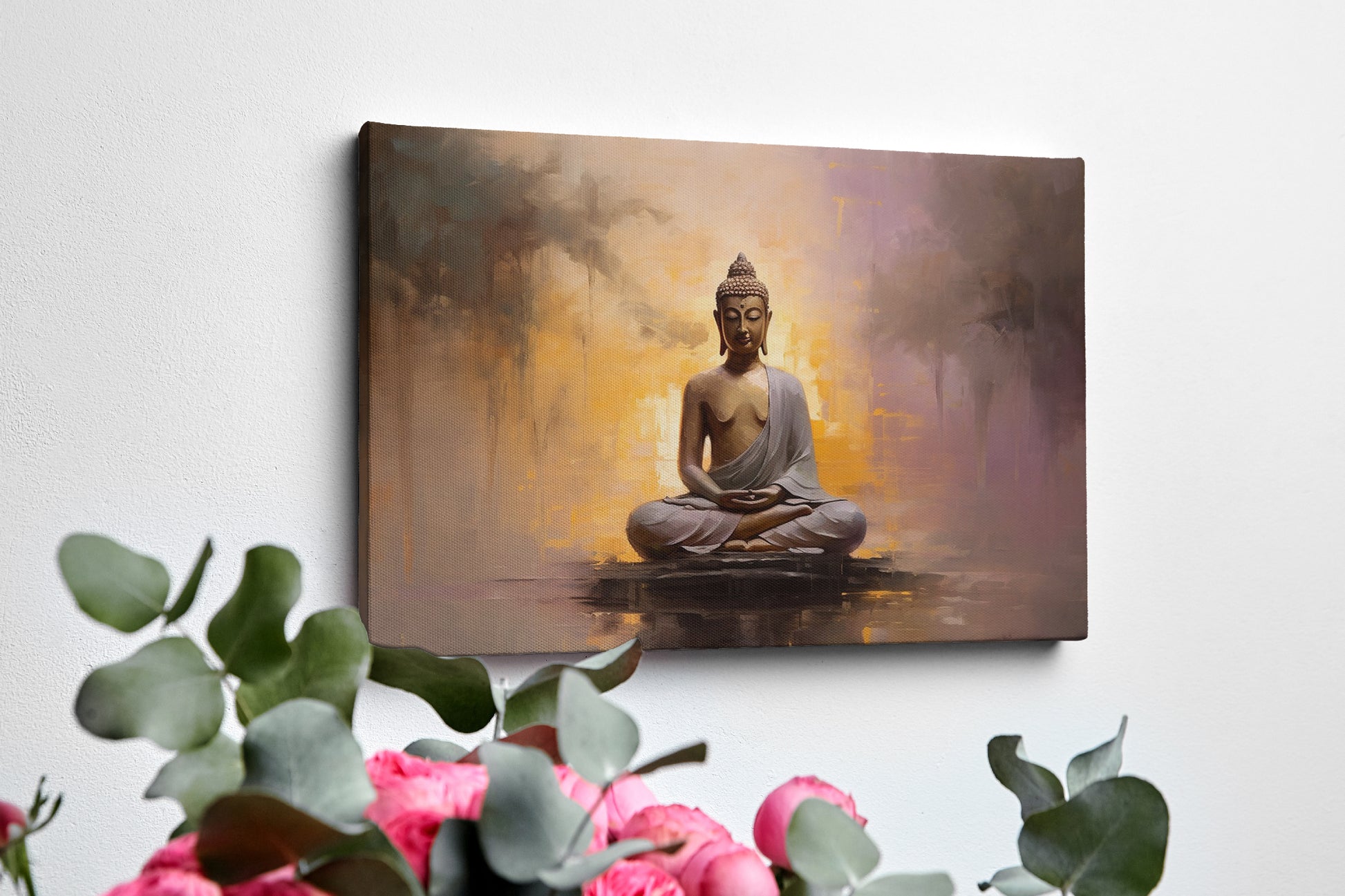 Framed canvas print of serene Buddha in meditation with abstract warm background