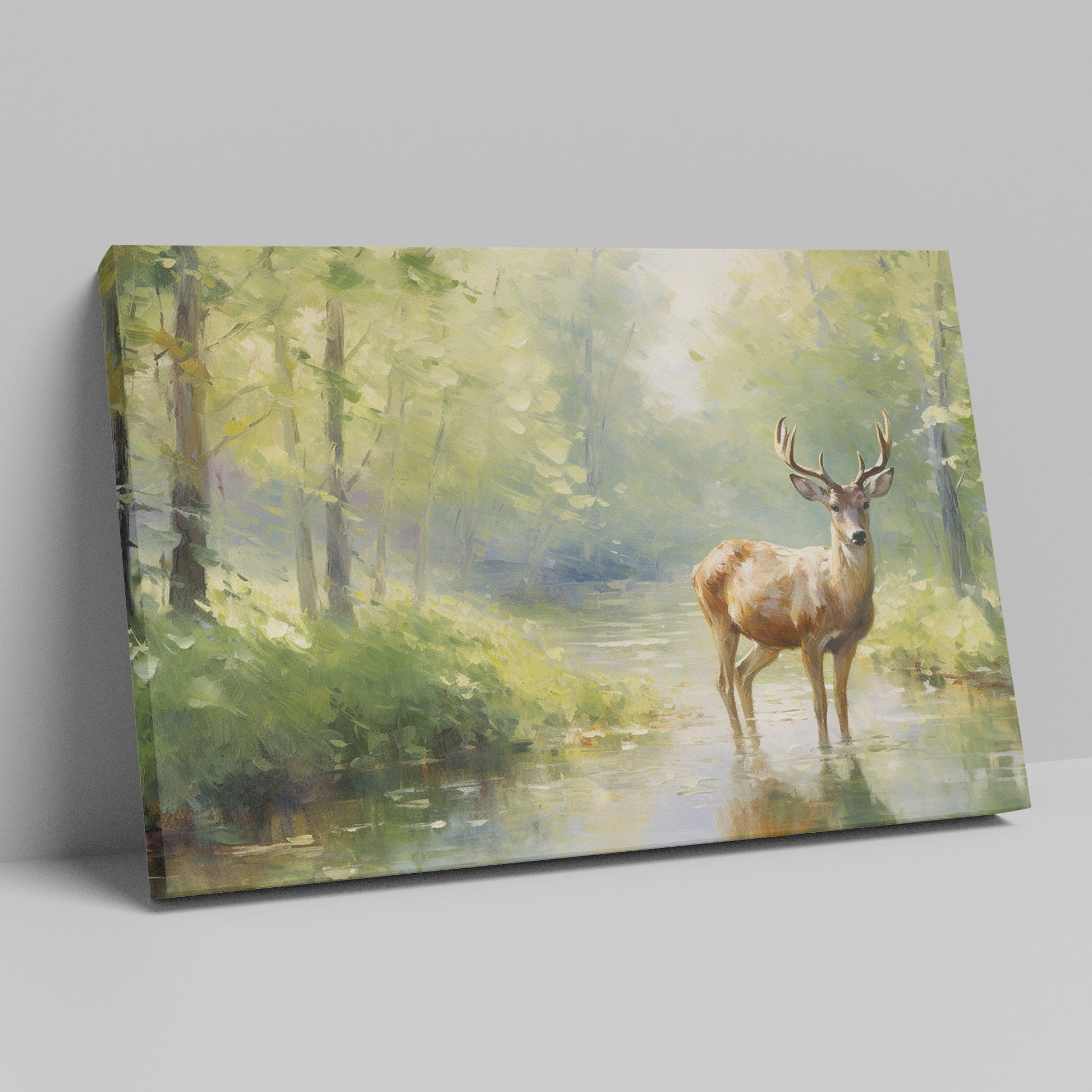 Framed canvas print depicting an impressionistic scene of a deer in a lush green forest with sunlight filtering through