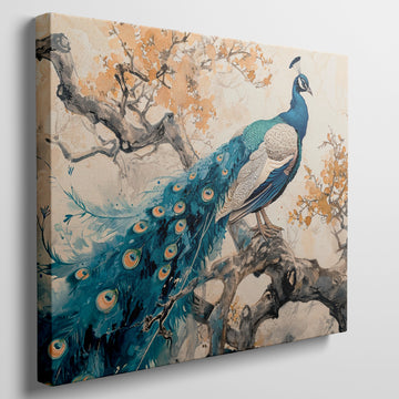 Framed canvas print of a peacock on a tree with autumn leaves