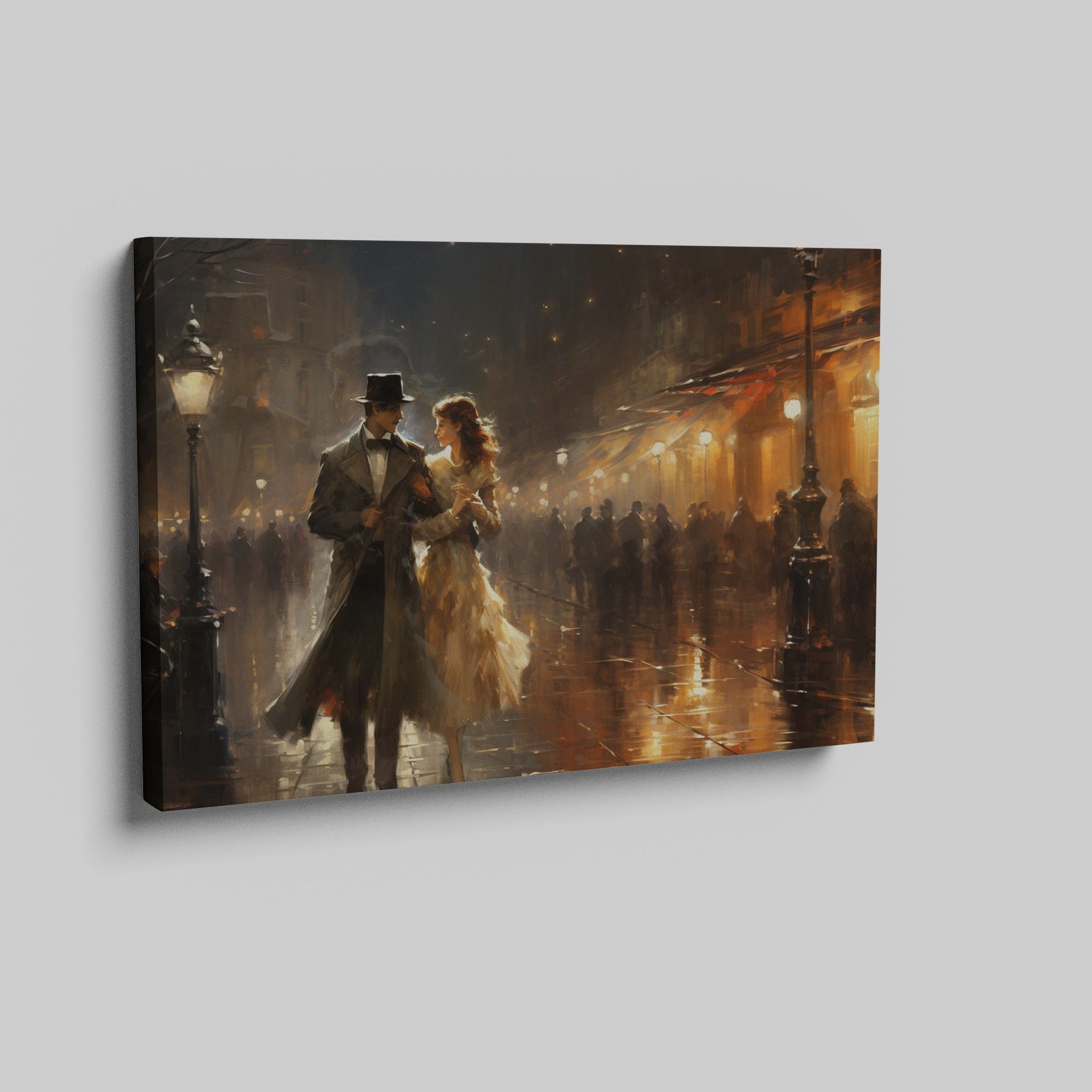 Framed canvas print of a Victorian couple on a romantic evening stroll on a rainy Paris street with warm glowing lights