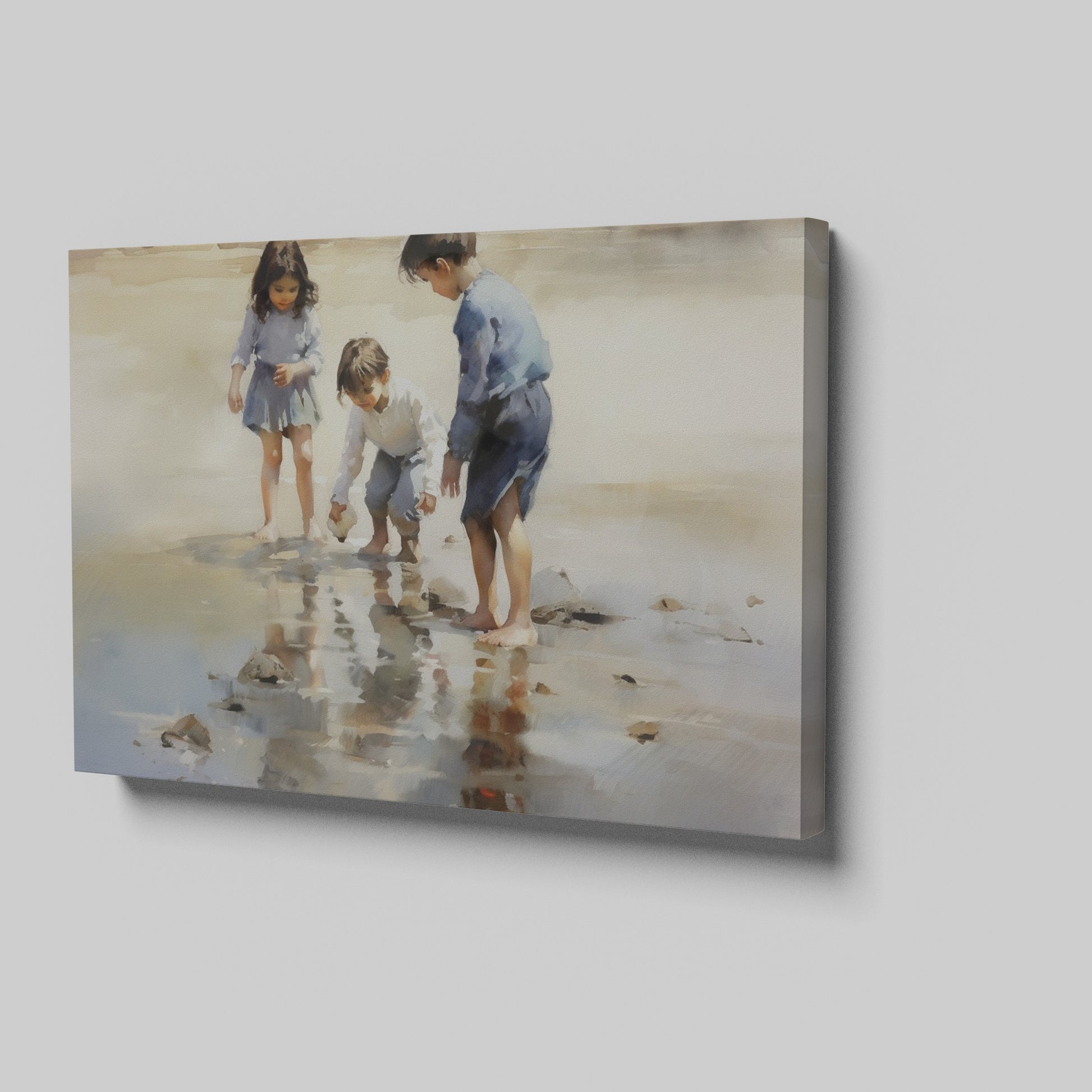 Framed canvas print of children playing by the seashore with a watercolor effect