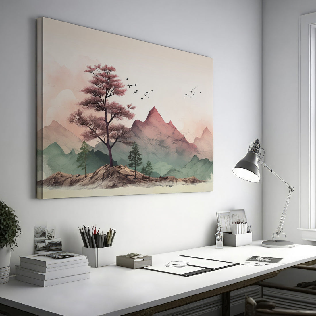 Framed canvas print of a tranquil mountain landscape with pastel colours and cherry blossoms