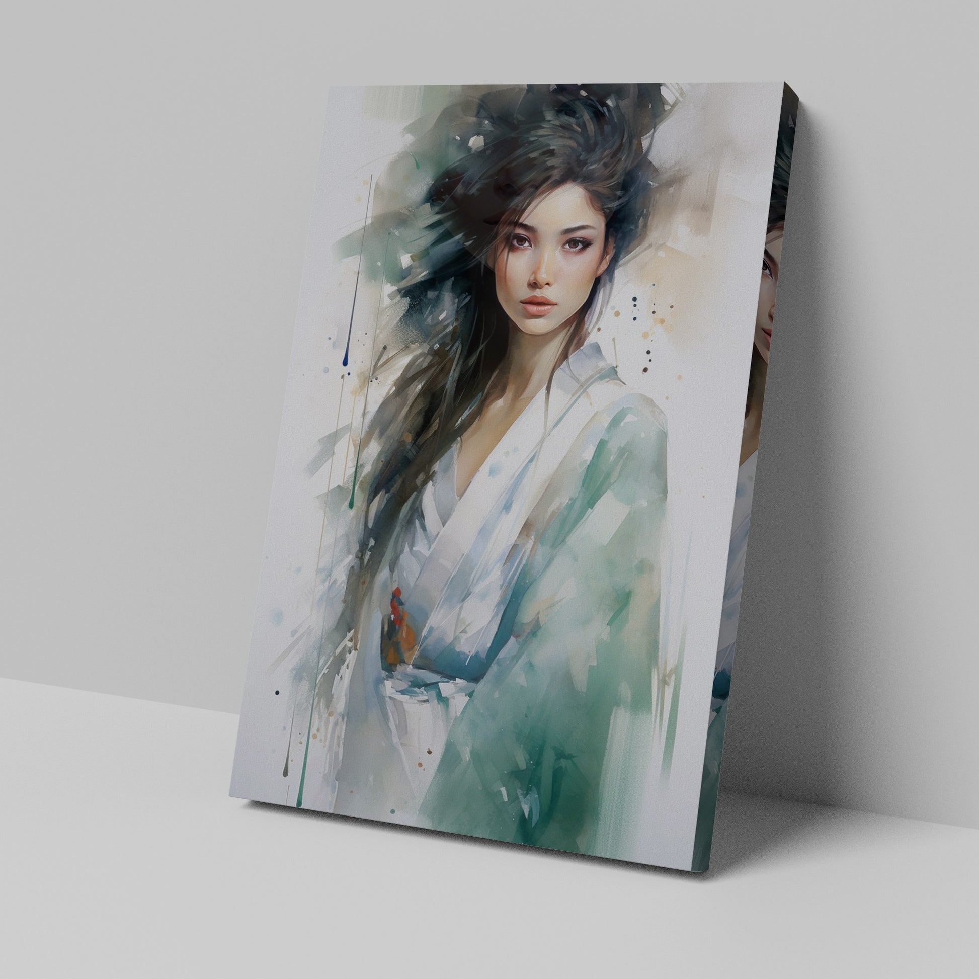 Framed canvas print of an ethereal watercolour portrait of a graceful lady with abstract elements