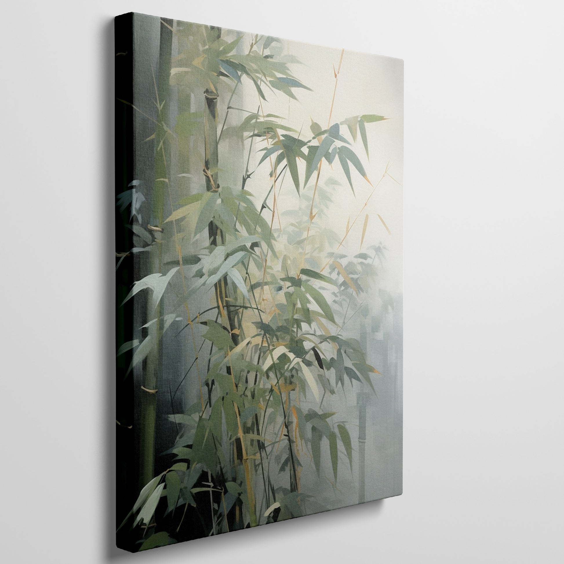 Modern realist painting of a tranquil bamboo grove with varying tones of green and subtle hints of yellow.